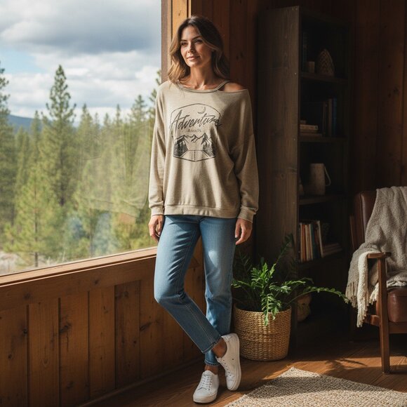 MMMMMM Large Pull Over Raglan Crew Neck Sweatshirt Tan "Adventure Awaits" - Picture 1 of 7